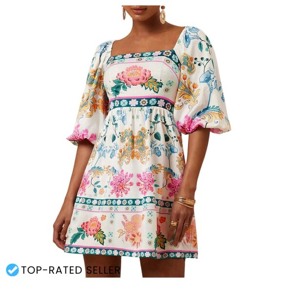 Floral Print Square Neck Puff Sleeve A-Line Boho Summer Dress
